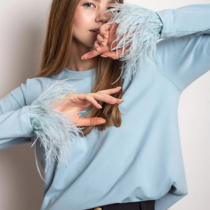 GEMMA – Top de manga larga con plumas para mujer
