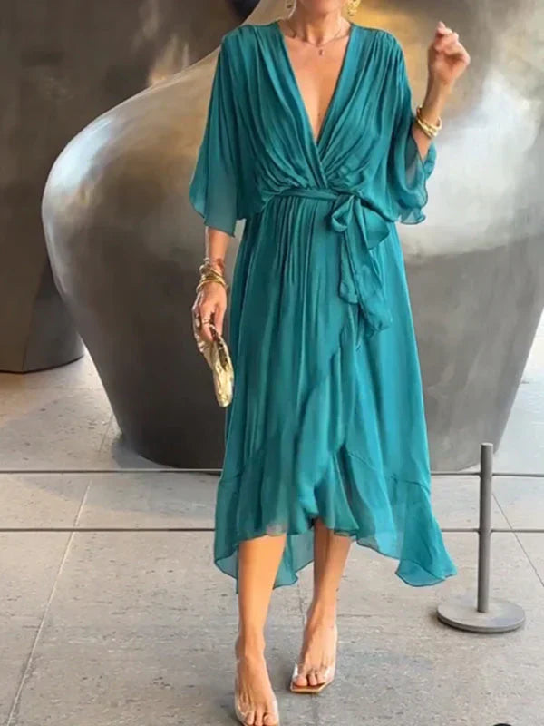 Vestido cruzado midi con cinturón y escote en pico – NAELLA