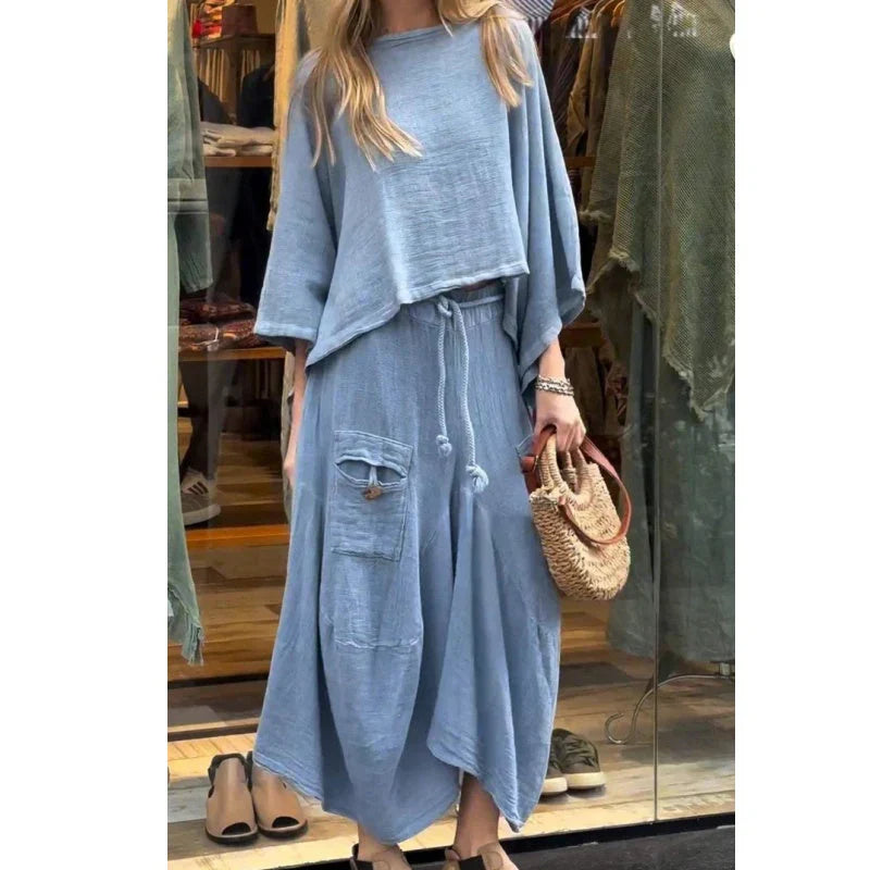 Conjunto femenino de dos piezas cómodo y elegante con top suelto y falda midi – ELIANNE