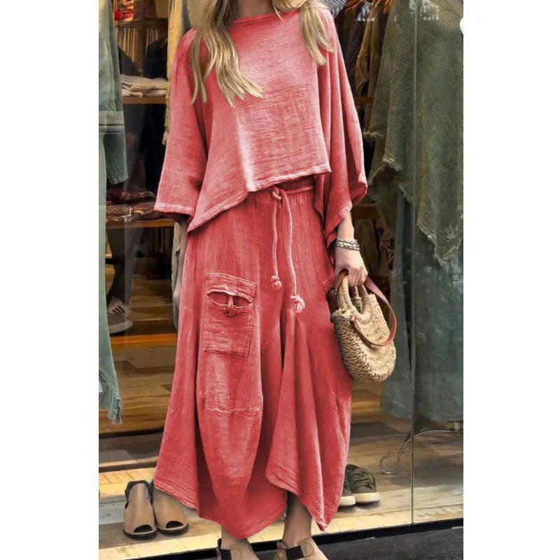 Conjunto femenino de dos piezas cómodo y elegante con top suelto y falda midi – ELIANNE