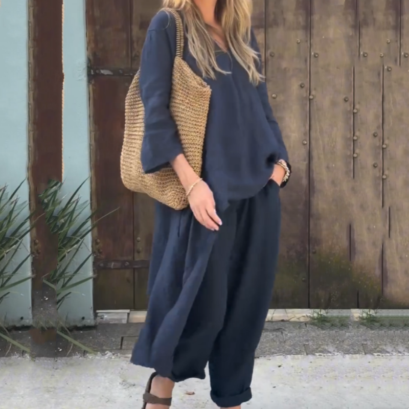 Conjunto de verano de dos piezas con top sin mangas y pantalón fluido – JUNA