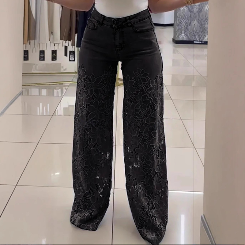 Jeans rectos de mujer con paneles transparentes y motivo floral – IZAREL
