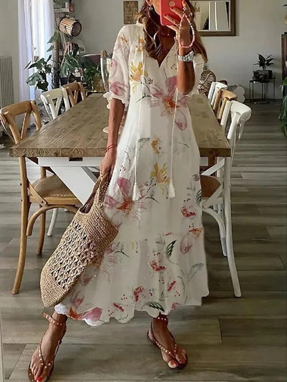 Vestido largo bohemio de caída fluida y escote en V – SERENA
