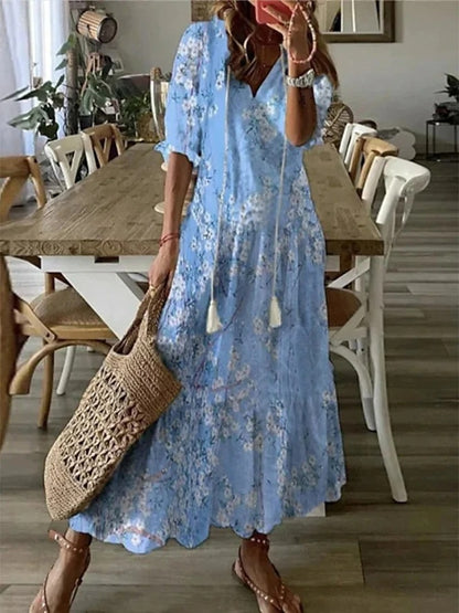 Vestido largo bohemio de caída fluida y escote en V – SERENA