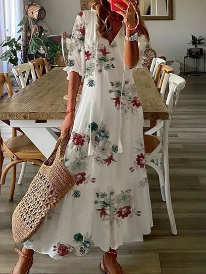 Vestido largo bohemio de caída fluida y escote en V – SERENA