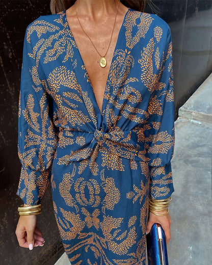 Vestido elegante de manga larga con estampado floral – DINEA