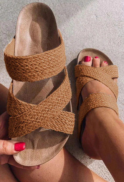 Luz - Sandalias de Cuña Alta de Cuerdas Cruzadas de Cáñamo Tejida en Color Sólido Verano para Mujer