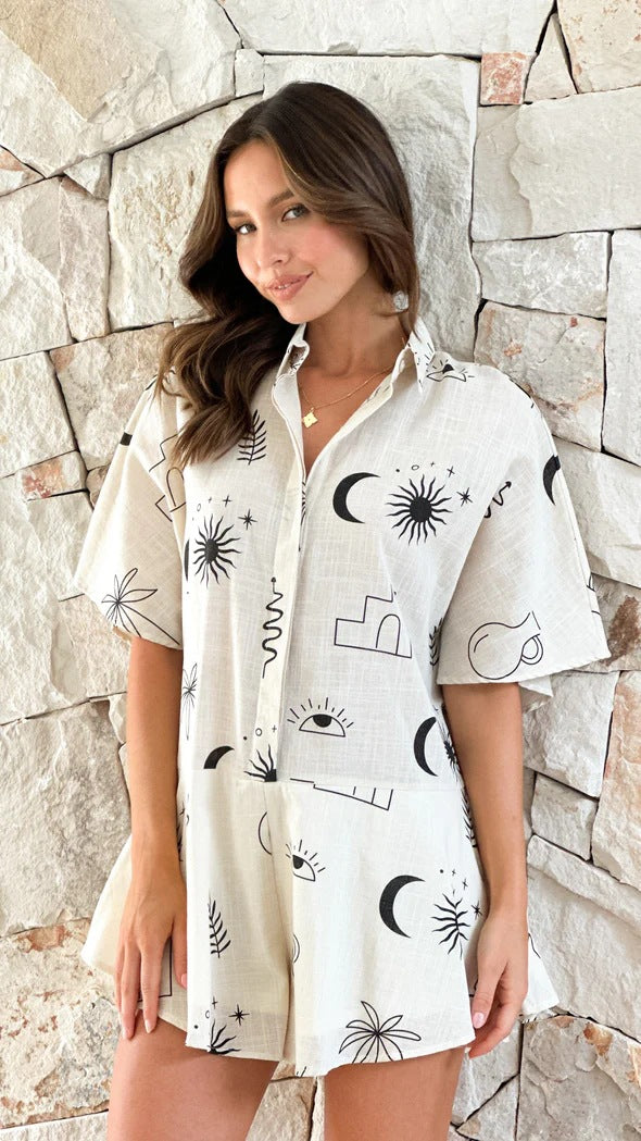 Maxina - Mono Corto Casual de Short de Estampado Moderno Informal Pijama Primavera Verano Para Mujer Blanco/Negro