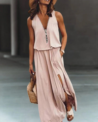Vestido suelto con escote en V profundo y cremallera decorativa – DALISSIA