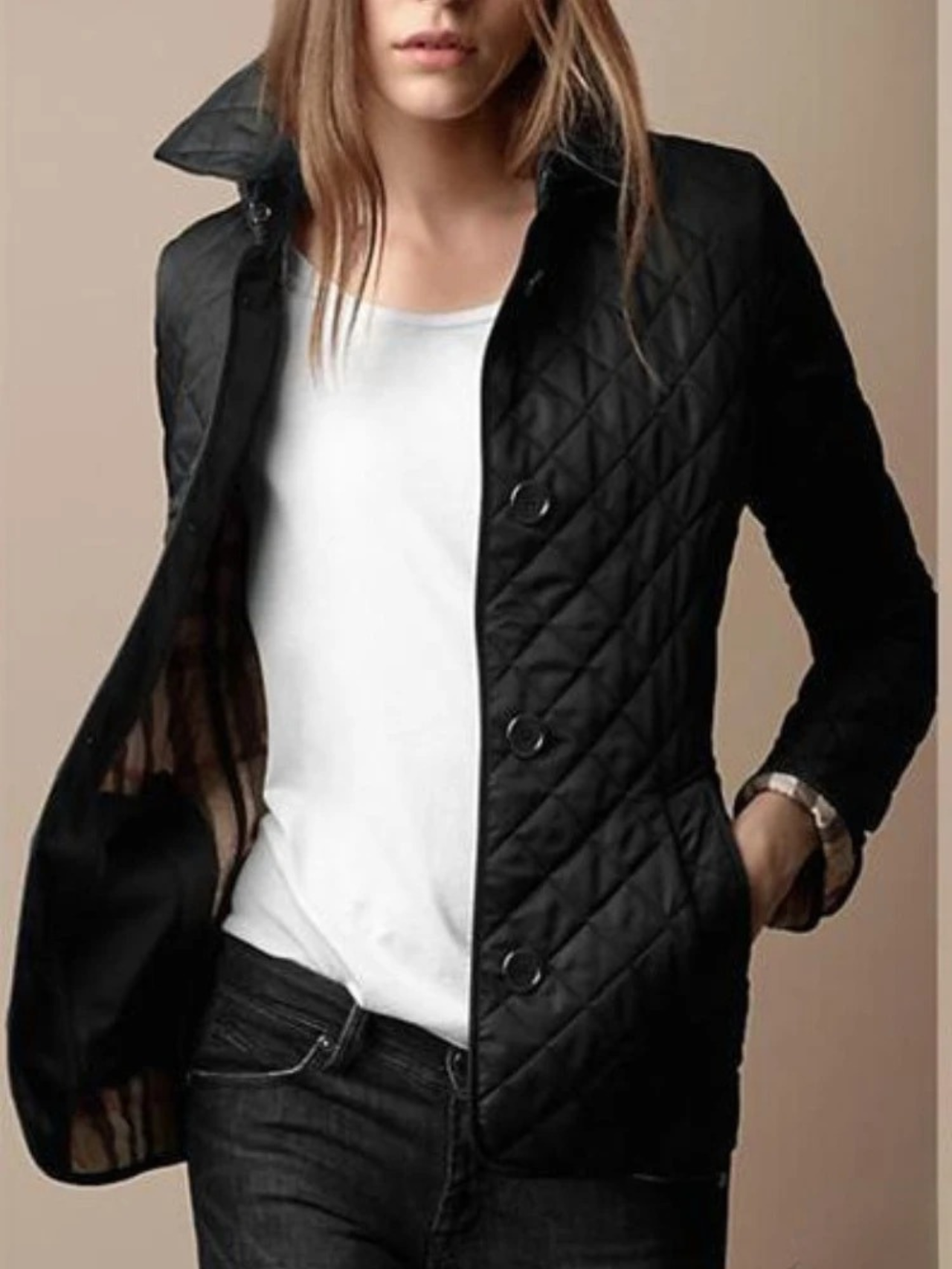 Chaqueta acolchada de mujer con estampado de cuadros y cierre de botones – LÉNAIA
