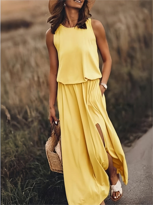 Vestido largo de verano sin mangas con abertura en la pierna – ISLA