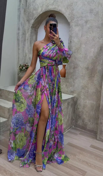 Vestido largo floral con hombro descubierto – Elanisse