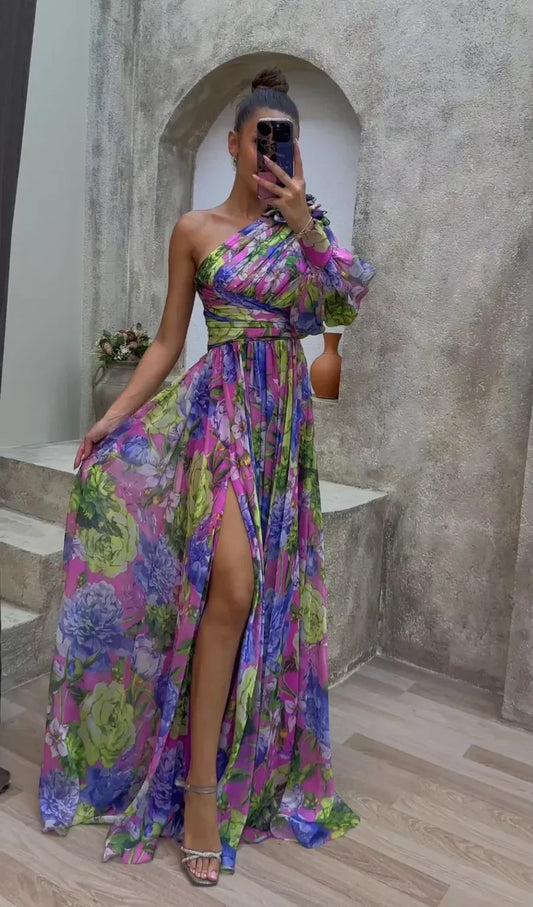 Vestido largo floral con hombro descubierto – Elanisse