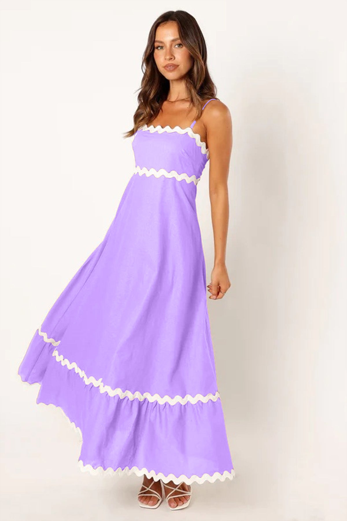 Mar - Vestido Largo de Tirantes Con Diseño de Ondas Color Combinado Playa Primavera Verano Para Mujer Lila