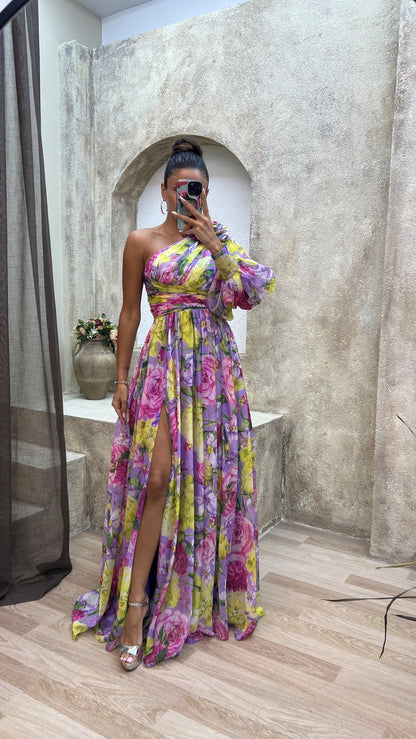 Vestido largo floral con hombro descubierto – Elanisse