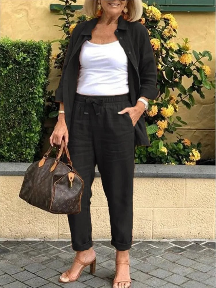 Conjunto de verano de lino para mujer: top y pantalón corto – SANTINA