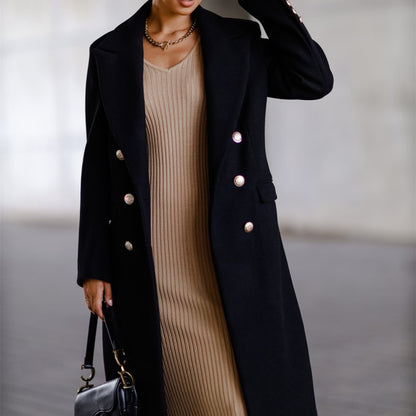 Savannah - Abrigo Largo Elegante de Mezcla de Lana con Cuello en V de Doble Botonadura para mujer Negro