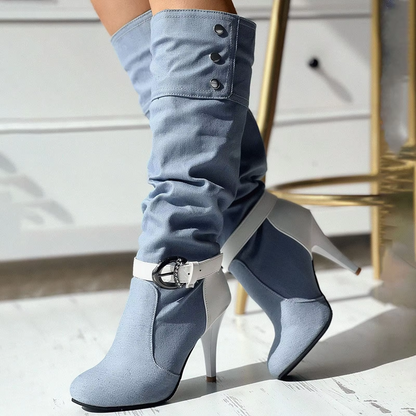 LIV - Botas altas con diseño patchwork y botones decorativos