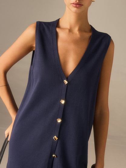 Conjunto de chaleco de punto con botones dorados y pantalones de pierna ancha – LUMINA