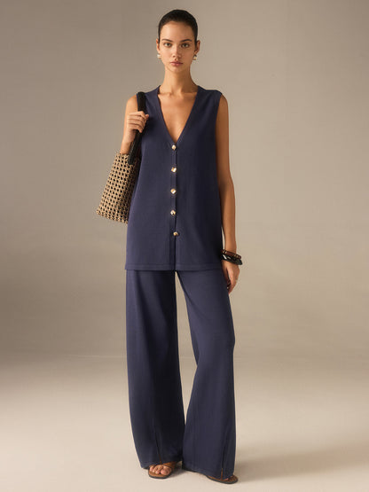 Conjunto de chaleco de punto con botones dorados y pantalones de pierna ancha – LUMINA