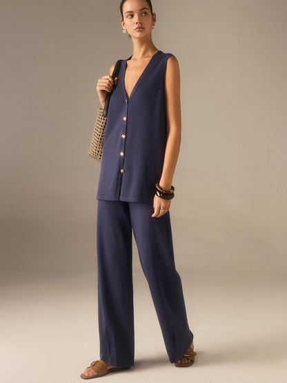Conjunto de chaleco de punto con botones dorados y pantalones de pierna ancha – LUMINA