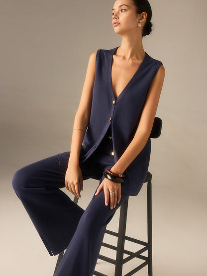 Conjunto de chaleco de punto con botones dorados y pantalones de pierna ancha – LUMINA