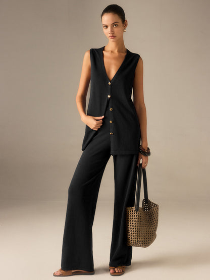 Conjunto de chaleco de punto con botones dorados y pantalones de pierna ancha – LUMINA