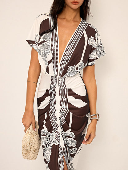 Vestido midi estampado con escote en V sin cinturón – LUMINA
