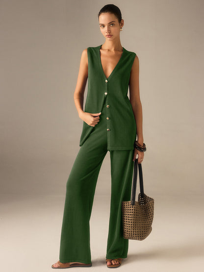 Conjunto de chaleco de punto con botones dorados y pantalones de pierna ancha – LUMINA