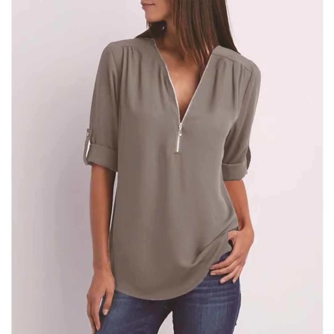 Blusa amplia con cremallera y mangas 3/4 para mujer en tallas grandes – OLIVIA