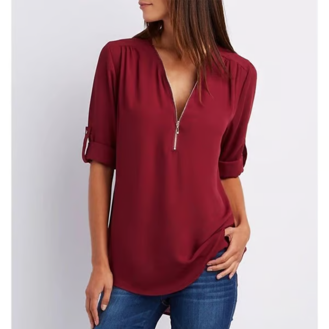 Blusa amplia con cremallera y mangas 3/4 para mujer en tallas grandes – OLIVIA