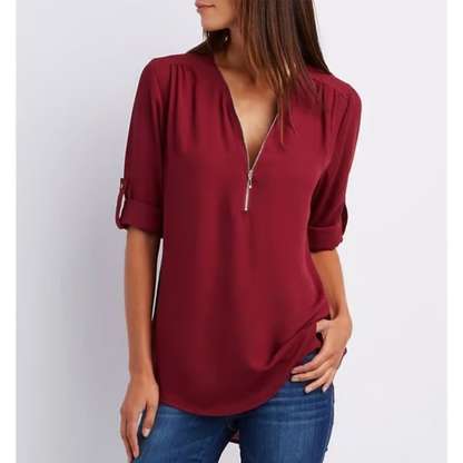 Blusa amplia con cremallera y mangas 3/4 para mujer en tallas grandes – OLIVIA