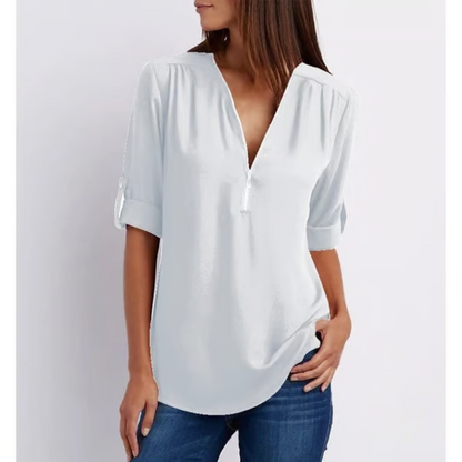 Blusa amplia con cremallera y mangas 3/4 para mujer en tallas grandes – OLIVIA