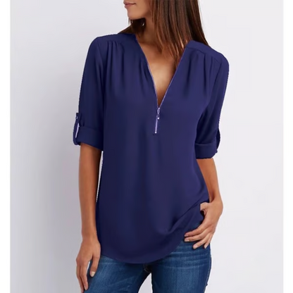 Blusa amplia con cremallera y mangas 3/4 para mujer en tallas grandes – OLIVIA