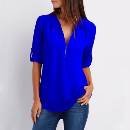 Blusa amplia con cremallera y mangas 3/4 para mujer en tallas grandes – OLIVIA