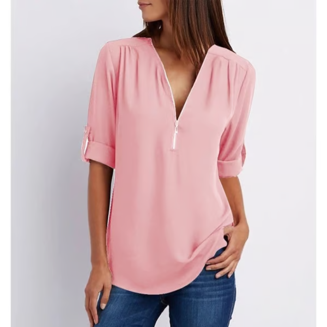 Blusa amplia con cremallera y mangas 3/4 para mujer en tallas grandes – OLIVIA