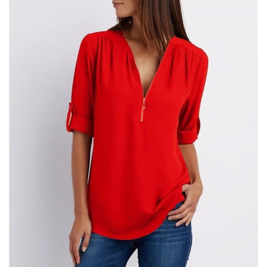 Blusa amplia con cremallera y mangas 3/4 para mujer en tallas grandes – OLIVIA