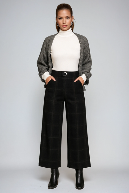 CARMINA – Pantalón de mujer a cuadros con talle alto y pierna ancha