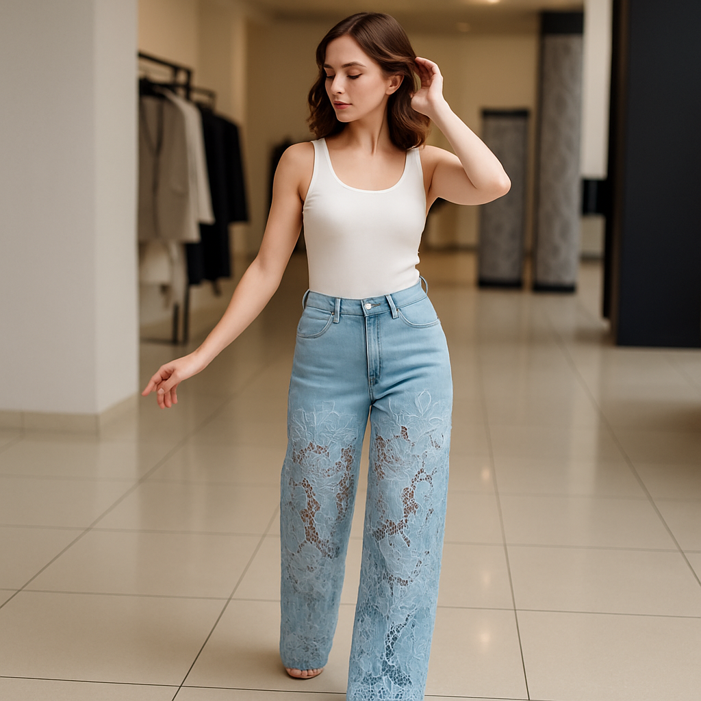 Jeans rectos de mujer con paneles transparentes y motivo floral – IZAREL