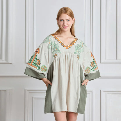 Vestido tipo túnica de mujer con escote en V y bordados decorativos – MABRIELA