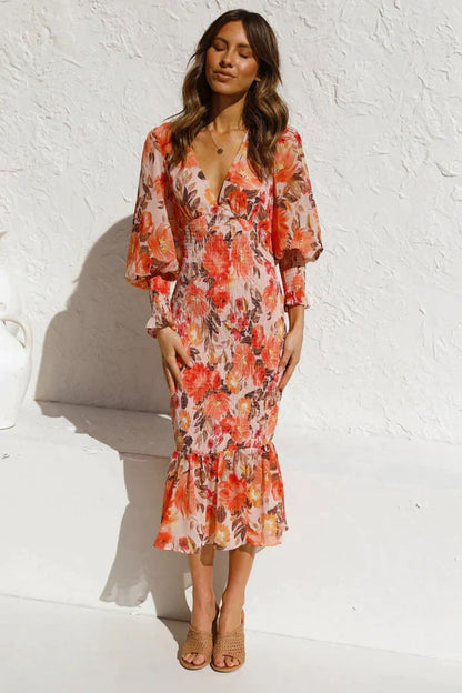 Vestido midi con flores y mangas anchas para mujer – YSA