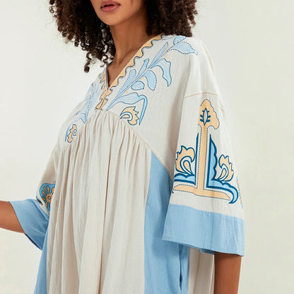 Vestido tipo túnica de mujer con escote en V y bordados decorativos – MABRIELA