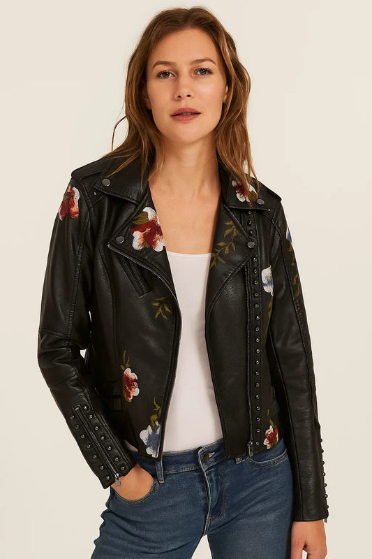 Chaqueta de polipiel para mujer con bordado floral – FLORELLA