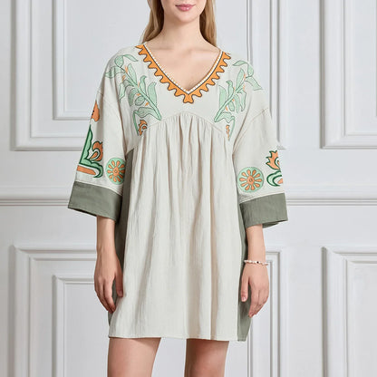 Vestido tipo túnica de mujer con escote en V y bordados decorativos – MABRIELA