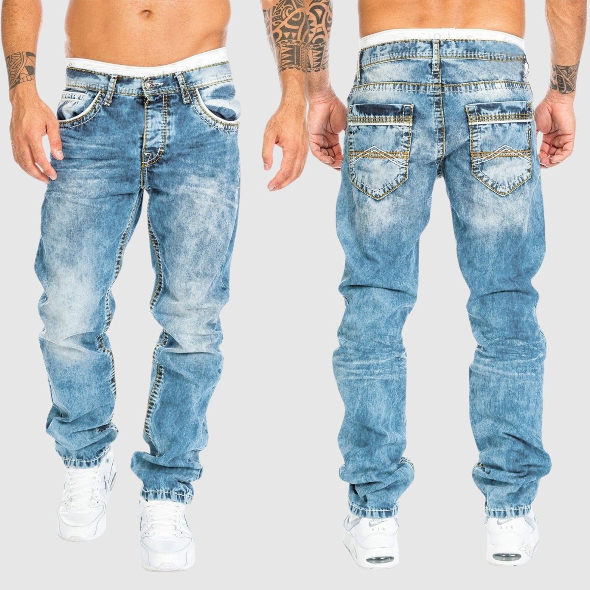Jeans rectos de hombre en denim lavado con efecto desgastado – OWEN