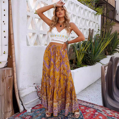 Falda larga boho de mujer con cintura alta – AZUCENA