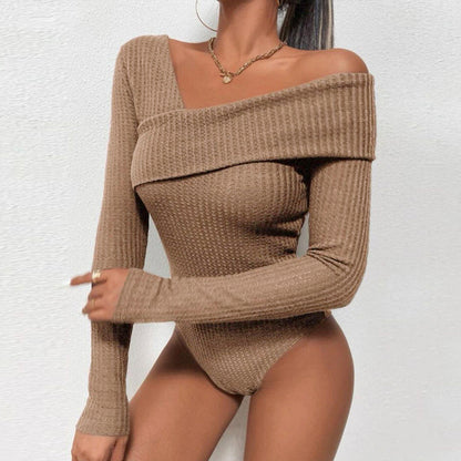 Laie - Blusa Enterizo Casual Manga Larga Unicolor de Punto Hombro Descubierto Primavera Verano Para Mujer Cafe