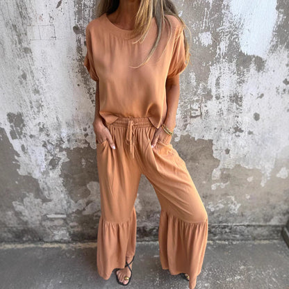 Conjunto de lino elegante con blusa fluida y pantalón relajado – ALTHEYA