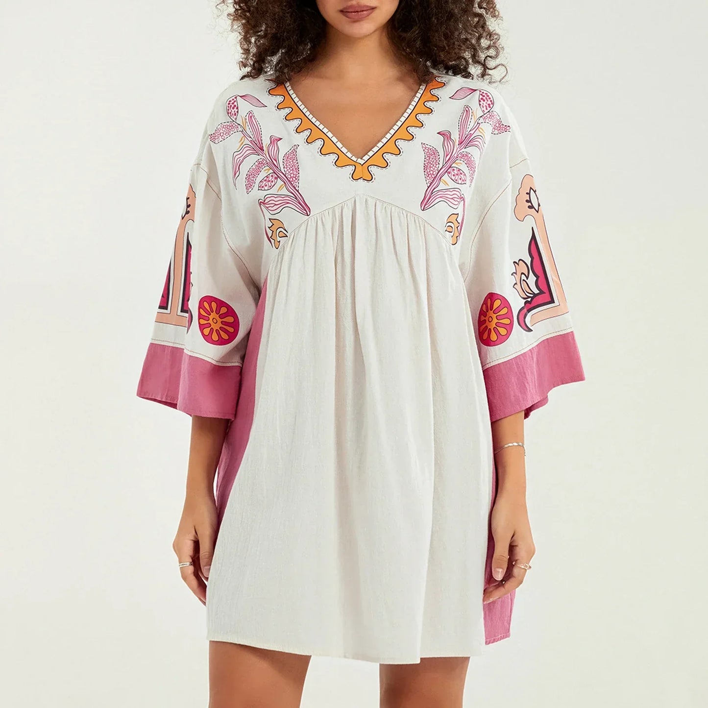 Vestido tipo túnica de mujer con escote en V y bordados decorativos – MABRIELA