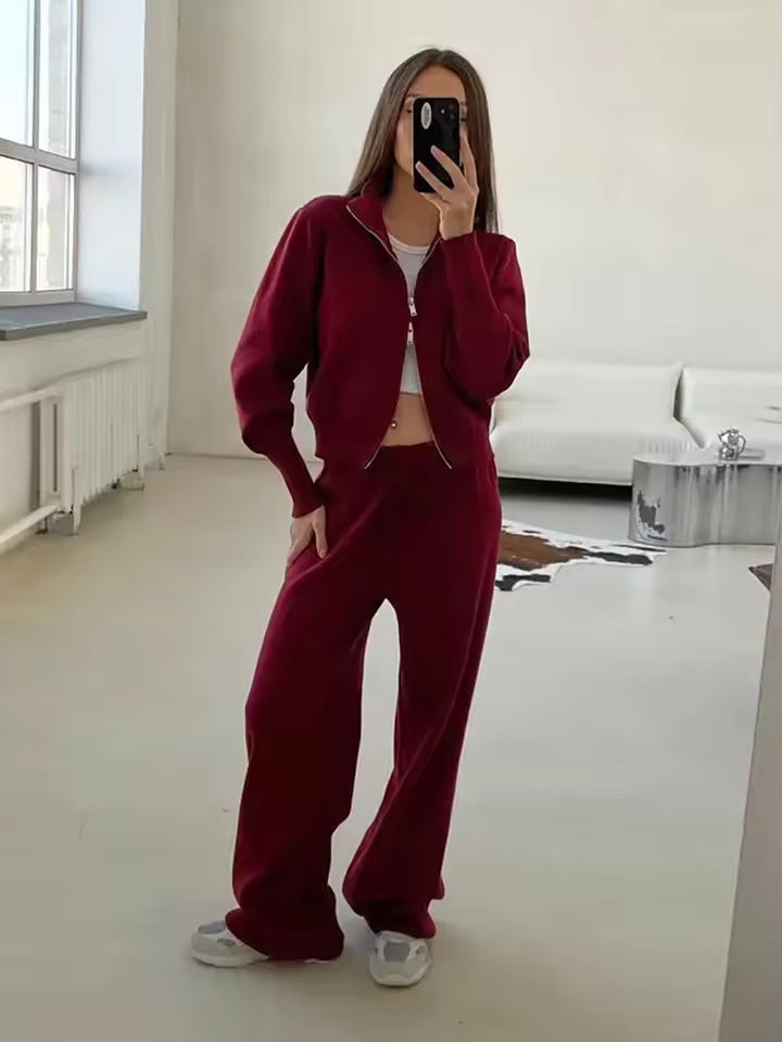 Conjunto de dos piezas para mujer con chaqueta de cremallera y pantalón ancho – LUNARIA